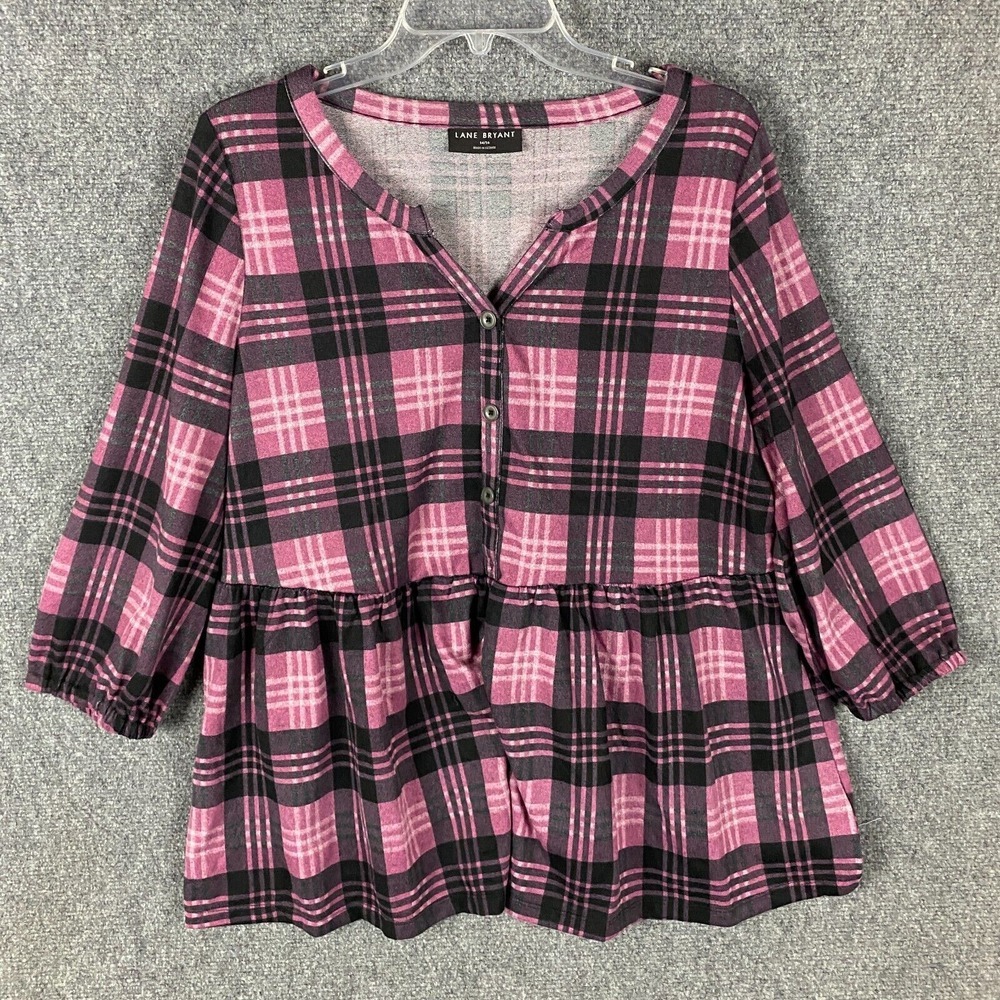 Lane Bryant Blouse Women's 14/16 Plaid Pink Polyester Blend Adults 3/4 Sleeve
